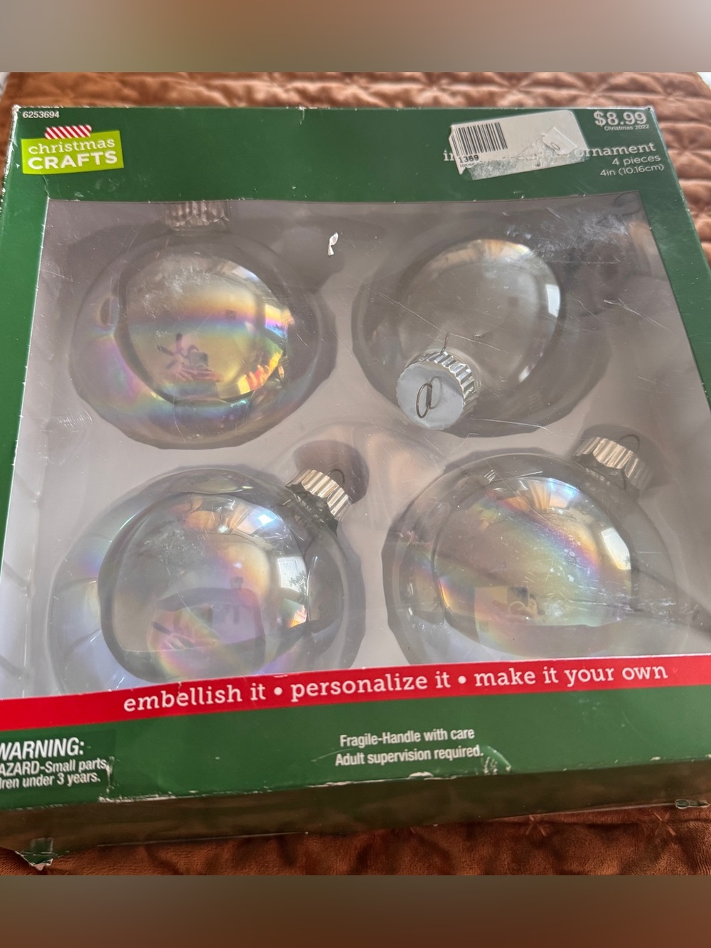 4 Clear Iridescent Glass Ball Ornaments 4” DIY NIB
